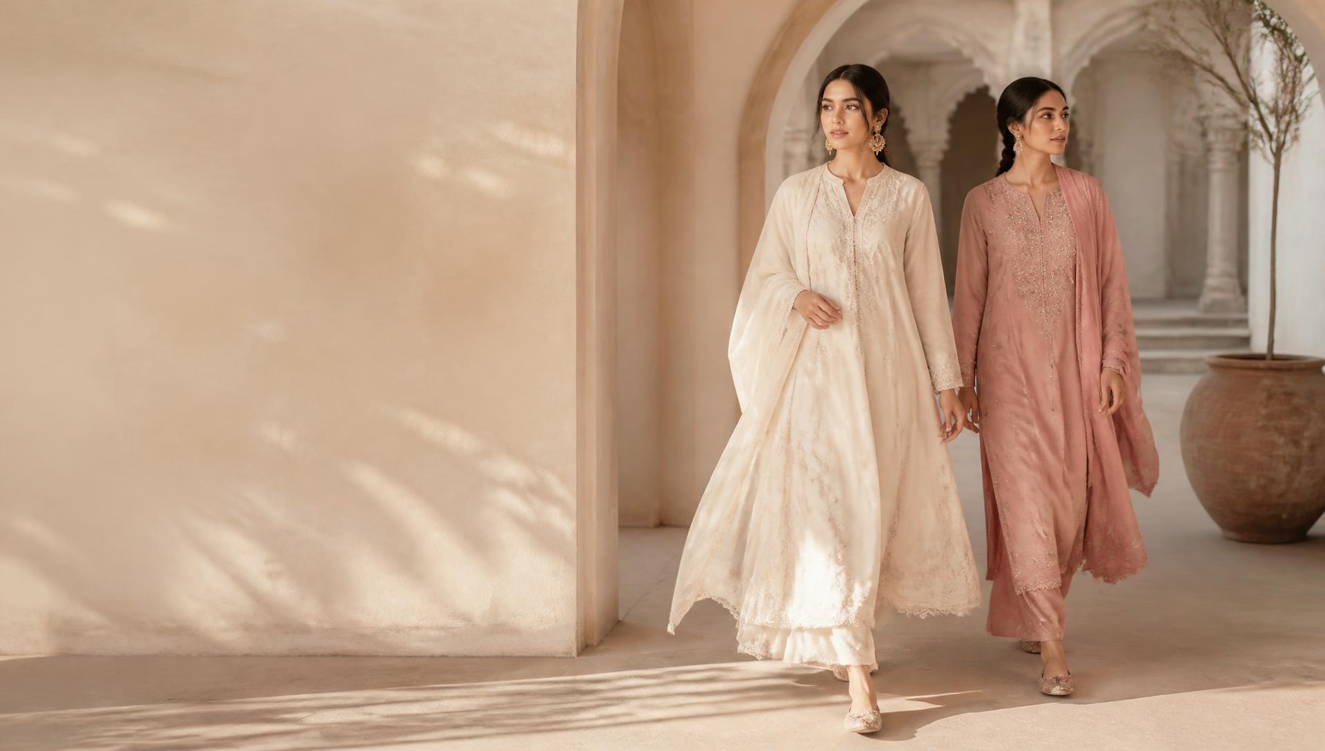 Zeeq womenswear campaign — draped kurta in warm daylight